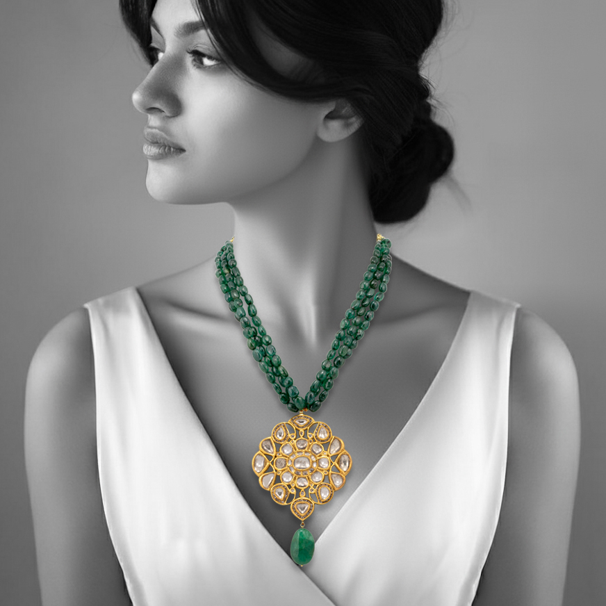 Three-Strand Zambian Emerald Necklace with Polki Pendant